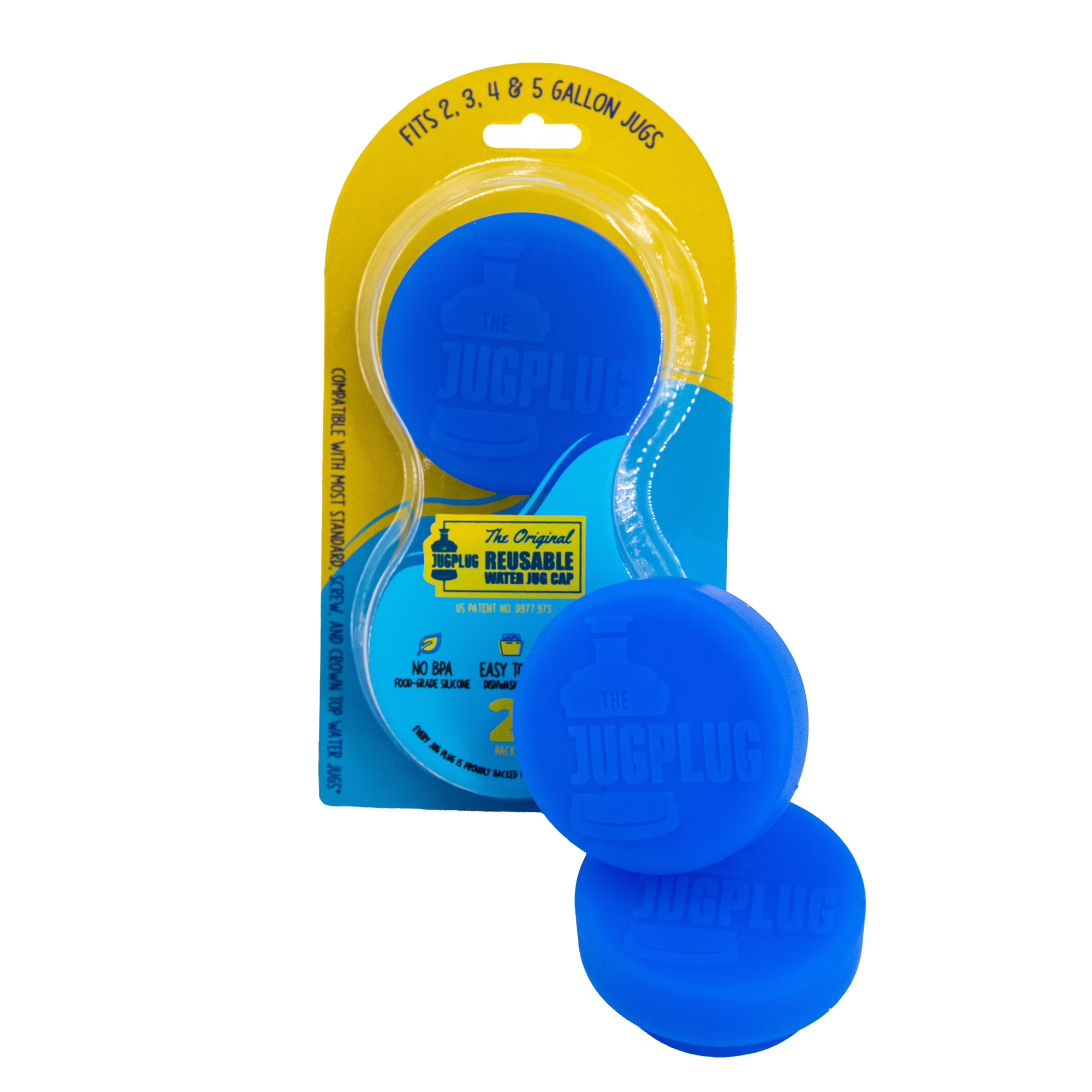 Jug Plug retail packaging with two blue reusable water jug caps