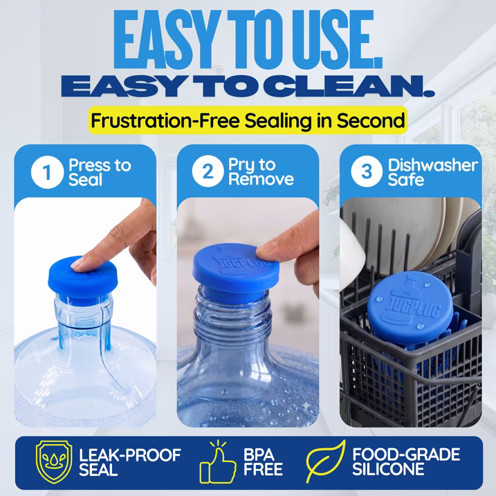 Jug Plug easy to use, easy to clean instructional graphic